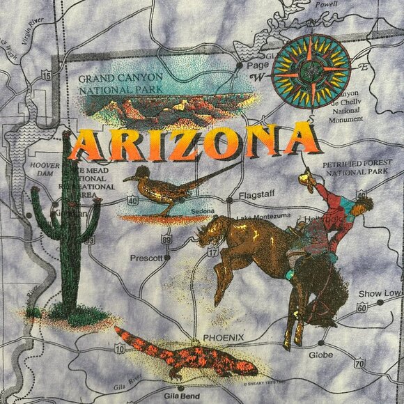 Vintage 90s Arizona Map T-Shirt AOP Western Cowboy Tee - Picture 2 of 9